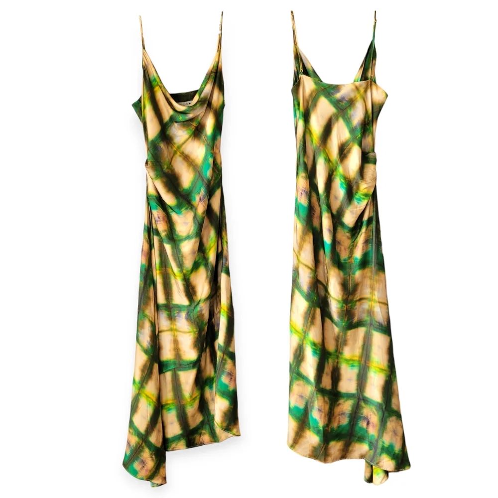 NWT Zara Satin Cowl Neck Draped Midi Slip Dress Green Gold Boho XL - Picture 2 of 14